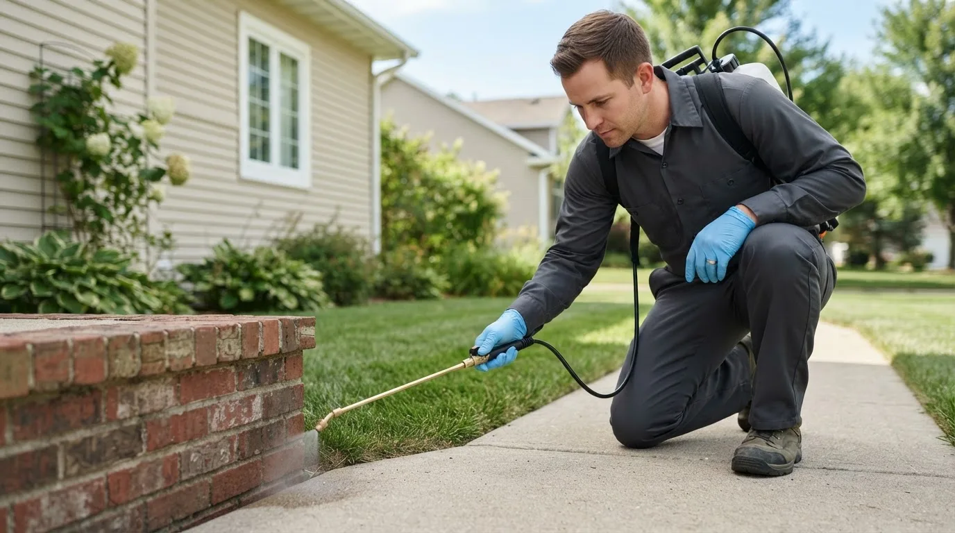 Pest control technician treating a home near Pinole, CA